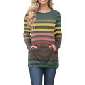 Autumn and Winter Long Sleeve T-shirt Women's Striped Top Bottom Shirt Women's Round Neck Kangaroo Pocket Sweatshirt 