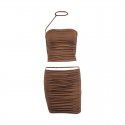 Wrinkled backless suspender vest, buttocks wrapped short skirt two-piece set for women