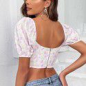 Sexy Top Summer New Printed Chiffon Fishbone Chest Cup Steel Ring Women's T-shirt