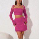 Fashion Set Skirt Sexy Mesh Hanging Neck Zipper Top Wrap Hip Skirt Set Two Pieces