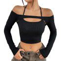 Autumn and winter new women's sexy off shoulder slim fit short American long sleeved T-shirt hollowed out top 