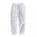 Elastic waist drawstring linen casual pants for men, loose fit youth, small feet cotton linen pants 