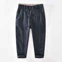 Linen casual cropped pants for men with elastic waistband and slightly loose straight tube pants, solid color cotton linen men's pants 