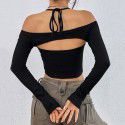 Autumn and winter new women's sexy off shoulder slim fit short American long sleeved T-shirt hollowed out top 