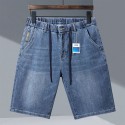 Elastic waisted men's denim shorts, loose and oversized, classic blue straight leg washed jeans 