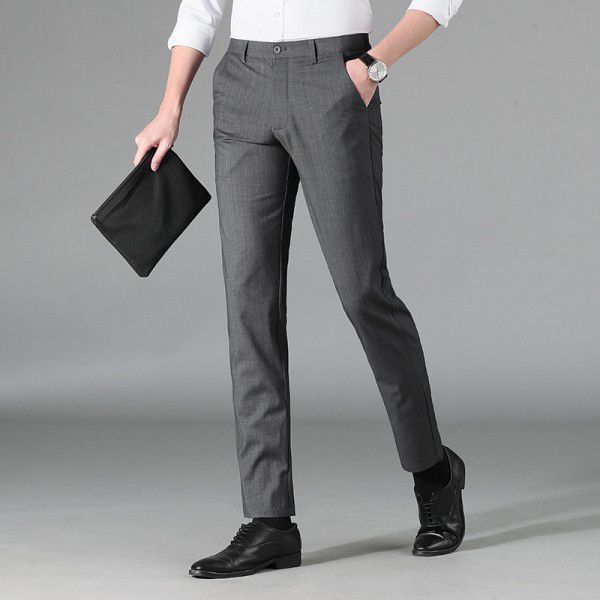 Men's thin casual pants, business slim fit straight tube, middle-aged trendy men's elastic pants