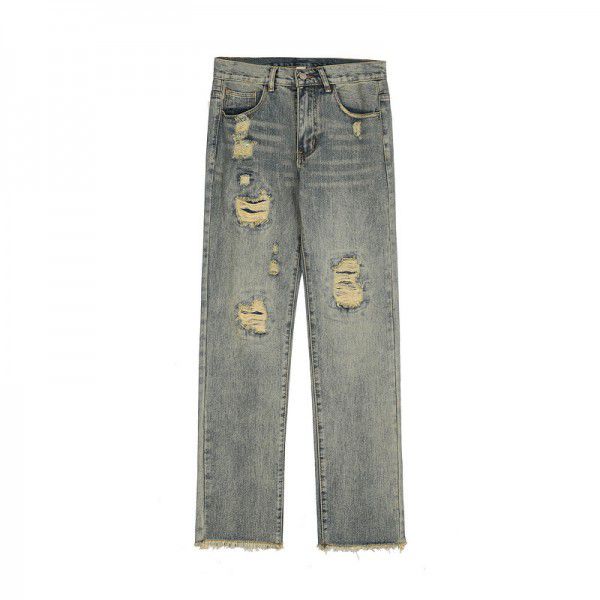 Men's casual pants, hip-hop retro distressed cat whisker denim fashion men's pants 