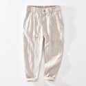 Linen casual cropped pants for men with elastic waistband and slightly loose straight tube pants, solid color cotton linen men's pants 