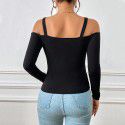 Autumn and winter metal hook long sleeved vest thread knitted slim fit solid color temperament top 