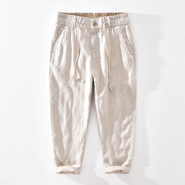 Linen casual cropped pants for men with elastic waistband and slightly loose straight tube pants, solid color cotton linen men's pants 