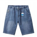 Elastic waisted men's denim shorts, loose and oversized, classic blue straight leg washed jeans 