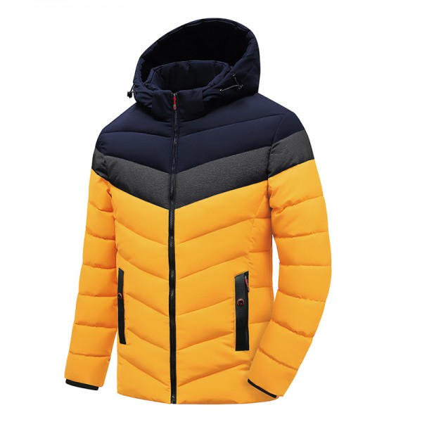 Winter men's cotton jacket, casual trend hooded jacket, men's warm and fashionable color blocked cotton jacket