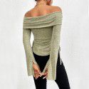 Autumn and Winter New One Word Collar Split Horn Sleeve Long Sleeve Knitted T-shirt Sexy Top 