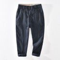 Linen casual cropped pants for men with elastic waistband and slightly loose straight tube pants, solid color cotton linen men's pants 