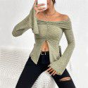 Autumn and Winter New One Word Collar Split Horn Sleeve Long Sleeve Knitted T-shirt Sexy Top 