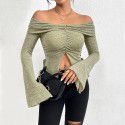 Autumn and Winter New One Word Collar Split Horn Sleeve Long Sleeve Knitted T-shirt Sexy Top 