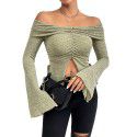 Autumn and Winter New One Word Collar Split Horn Sleeve Long Sleeve Knitted T-shirt Sexy Top 