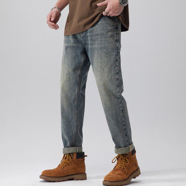 Retro jeans men's straight leg loose high street heavy-duty washed pants men's spring and summer versatile pants