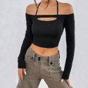 Autumn and winter new women's sexy off shoulder slim fit short American long sleeved T-shirt hollowed out top 