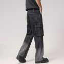 Black gradient workwear jeans, youthful and trendy men's jeans, long pants, straight leg, mid waist