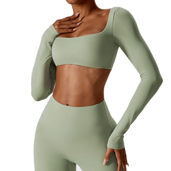 Sexy nude long sleeved yoga suit, outdoor running sports T-shirt, quick drying tight fitting fitness suit, top 