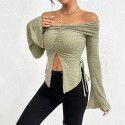 Autumn and Winter New One Word Collar Split Horn Sleeve Long Sleeve Knitted T-shirt Sexy Top 