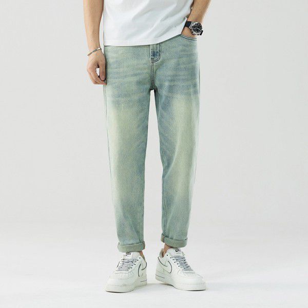 Men's jeans retro washed loose and slightly cross fashionable men's straight leg denim pants