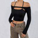 Autumn and winter new women's sexy off shoulder slim fit short American long sleeved T-shirt hollowed out top 