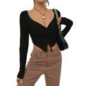 Autumn and winter new slim fit V-neck twisted fashion knitwear ultra short long sleeved top 