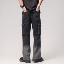 Black gradient workwear jeans, youthful and trendy men's jeans, long pants, straight leg, mid waist