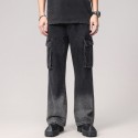 Black gradient workwear jeans, youthful and trendy men's jeans, long pants, straight leg, mid waist