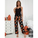 Halloween pumpkin print suspender sleeveless comfortable simulation home suit set for women's sleepwear