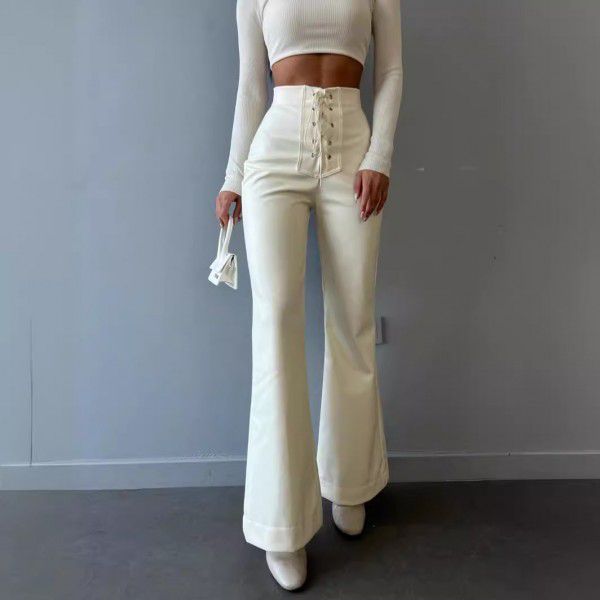 Fashionable and sexy high waisted pants, flared pants, leather pants, women's pants 