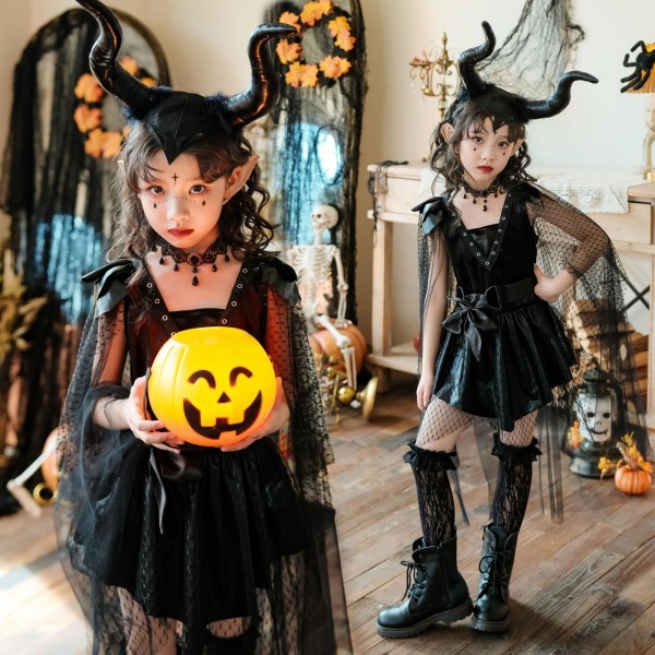 Halloween children's cosplay costume, witch stage performance, girls' runway show, vampire night elf dress