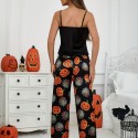 Halloween pumpkin print suspender sleeveless comfortable simulation home suit set for women's sleepwear