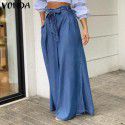 Elegant lace up high waisted wide leg pants for women, casual plus size denim pants