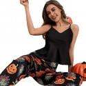 Halloween pumpkin print suspender sleeveless comfortable simulation home suit set for women's sleepwear