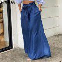 Elegant lace up high waisted wide leg pants for women, casual plus size denim pants