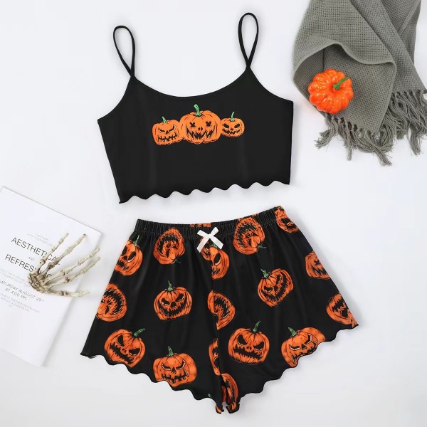 Halloween pumpkin print sleeveless camisole top shorts home wear sleepwear women's set pajamas