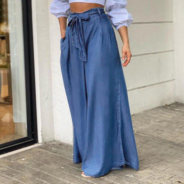 Elegant lace up high waisted wide leg pants for women, casual plus size denim pants