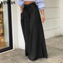 Elegant lace up high waisted wide leg pants for women, casual plus size denim pants