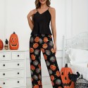 Halloween pumpkin print suspender sleeveless comfortable simulation home suit set for women's sleepwear