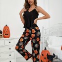 Halloween pumpkin print suspender sleeveless comfortable simulation home suit set for women's sleepwear