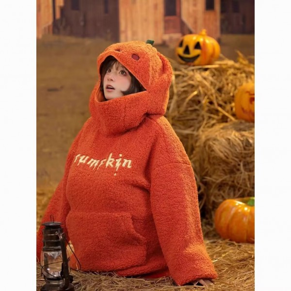 Halloween pumpkin down sweater, forest girl tribe, niche design sense, funny pullover hoodie, autumn and winter long sleeves