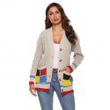 Autumn and winter women's thickened woven cardigan jacket with color matching large pockets, single breasted V-neck casual sweater for women 