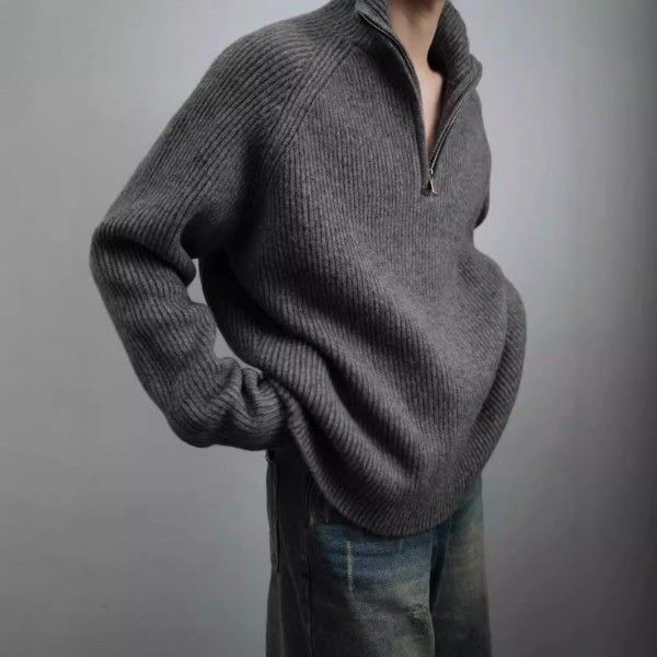 Versatile Half Zipper Sweater with Men's Shoulder Pullover and Collar Design, Dark Grey Heavy duty Knitted Sweater