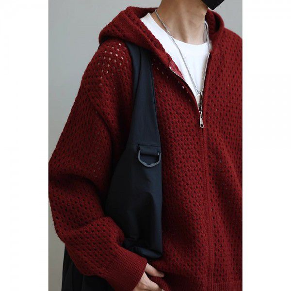 Hooded cardigan men's design retro red teenage knitted sweater jacket