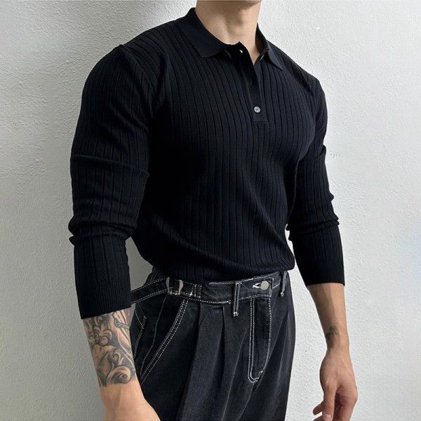 Long sleeved T-shirt men's polo shirt light mature style ribbed knitted T-shirt