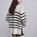 Big collar black and white striped sweater, women's autumn and winter new knitted sweater