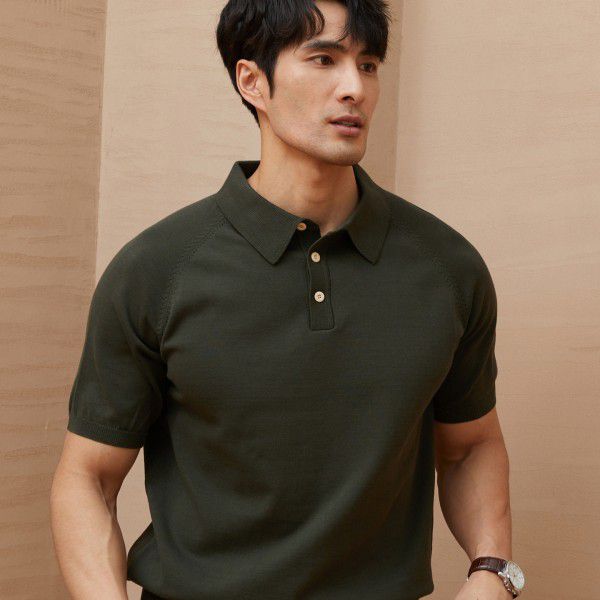 Men's polo shirt loose casual light mature style simple solid color business knit top